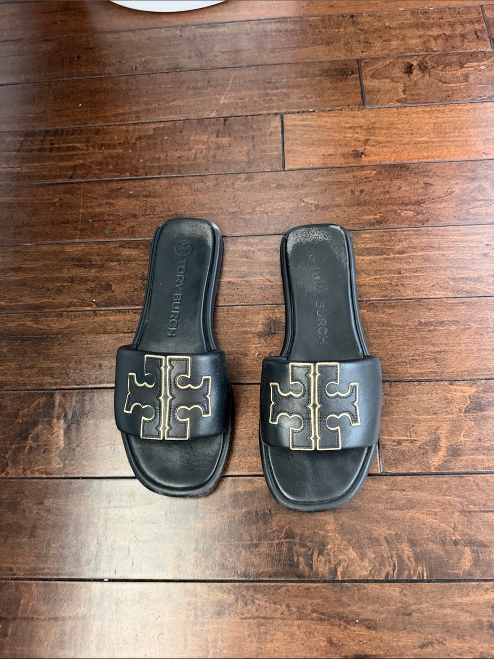 Tory Burch Black Leather Slide Sandals with Gold Emblem